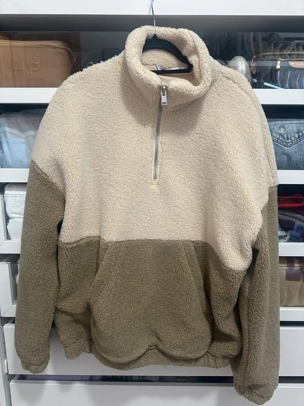 Zara Two‎ Tone Sherpa Zip Pullover Sweatshirt
